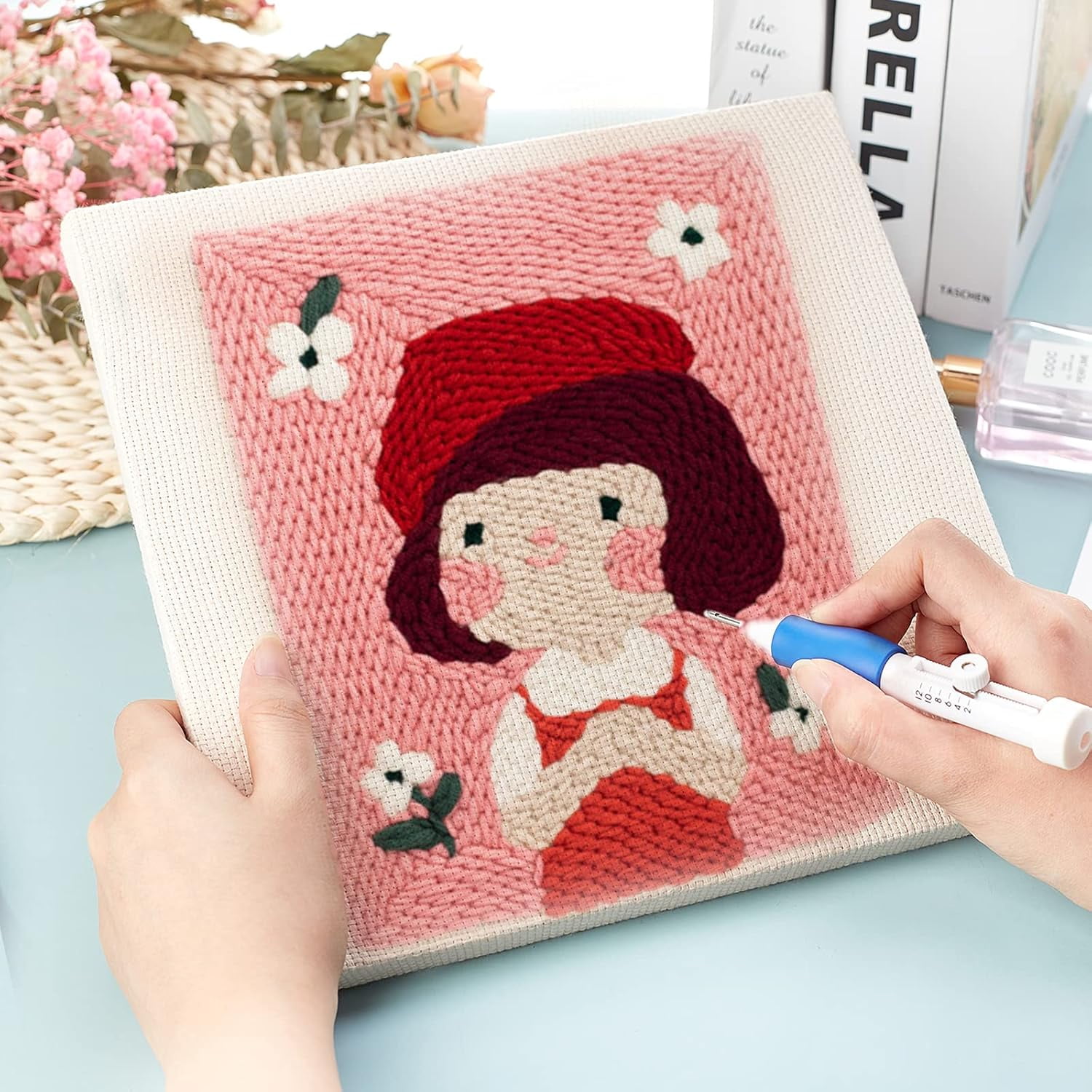 2Pcs Punch Needle Frame Covered with Cloth Needlework Fabric Punch Needle Cloth for Craft Stitching Applique Embellishment 9.8×9.8"
