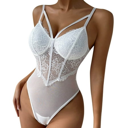WTXUE Intimates | Long Sleeve Deep V-Neck Bodysuit Breathable Cotton Stretch | 1 Piece White S
