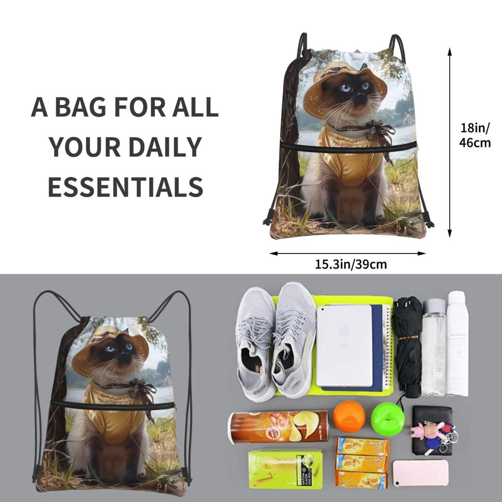 Xecao Cat In Sun Hat for Drawstring Bags,Pull String Backpack Bags,String Bag Sackpack