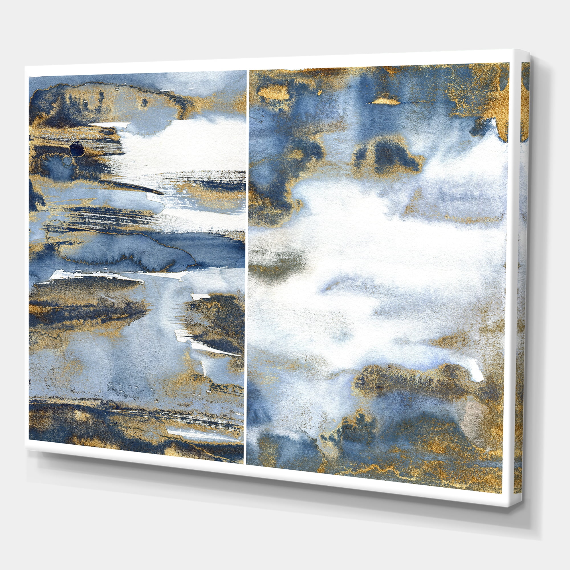Designart ' Gold and Dark Blue Abstract Waves III ' Modern Canvas Wall Art Print