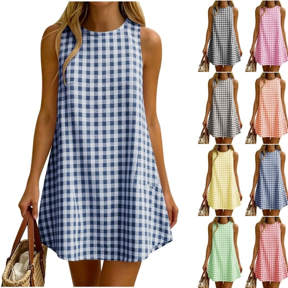 Women's Gingham Plaid Sleeveless Mini Dress Solid Crewneck Loose Tunic Dress Lightweight Sundress Lounge Vacation Short Dress Yellow