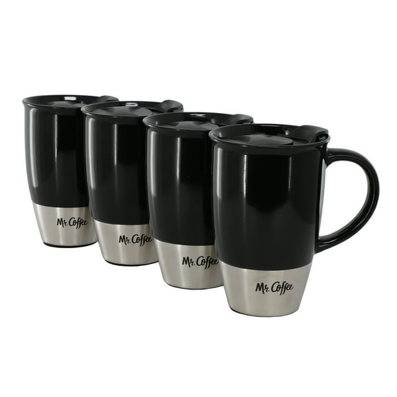 Mr. Coffee Coupleton 4 Piece 15 Ounce Stoneware Travel Mug Set in Black with Lid