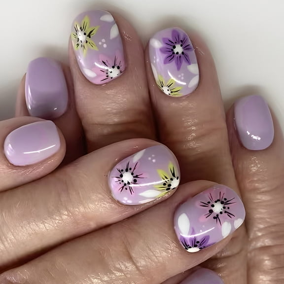 24 Pcs Short Square Press On Nail Purple Flower Pattern Manicure Stick on Nail
