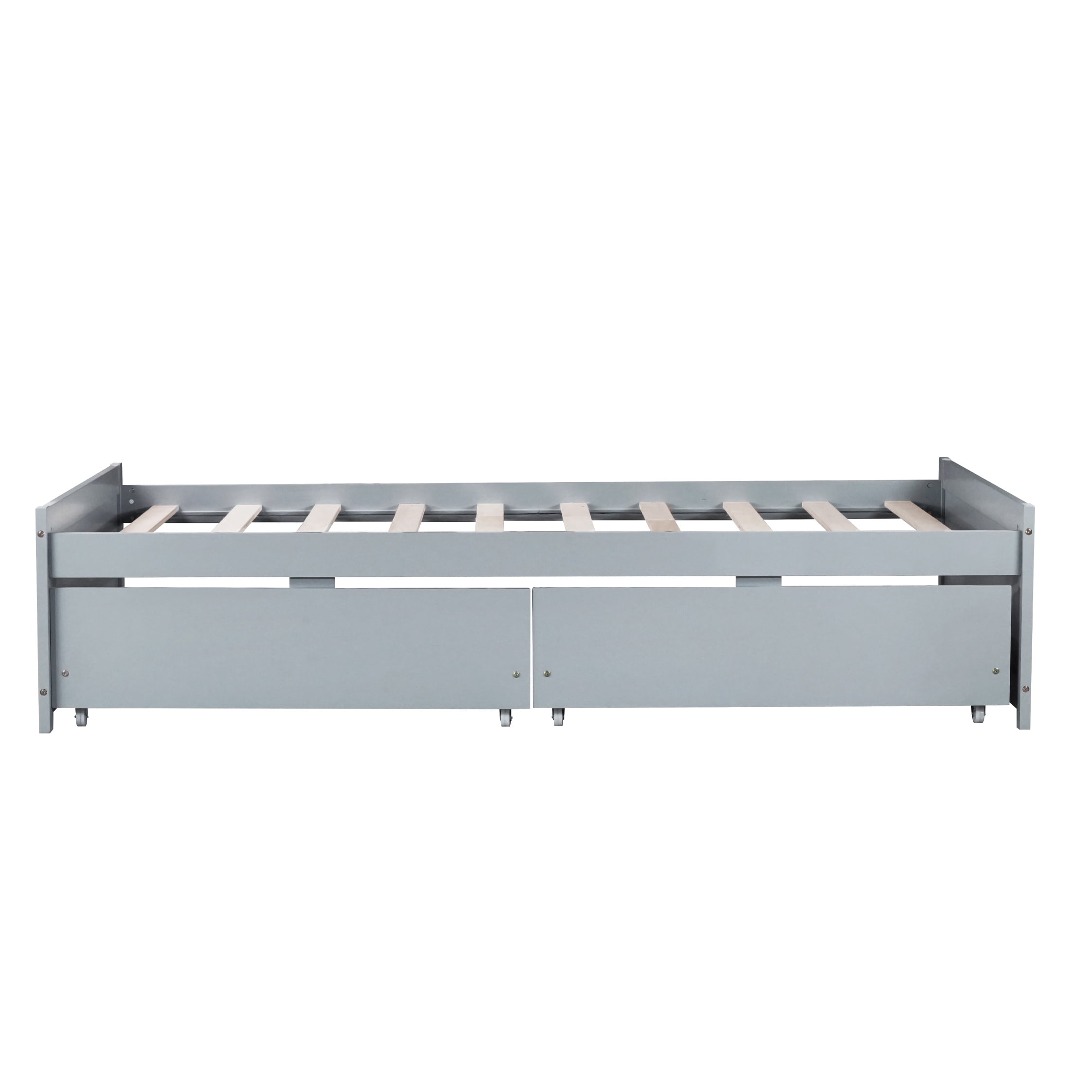 PORKISS Twin Bed Frame, Solid Wood Platform Bed with 2 Drawers, Pine Wood Bed for Kids Teens Adults, No Box Spring Needed, Grey