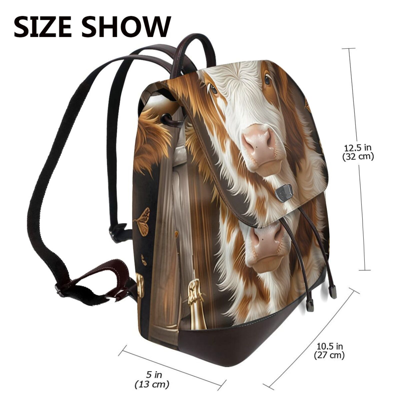 Xecao Rustic Cow Butterflies Champagne Print Large Backpack Soft Leather for Women Travel with Compartment, Adjustable Convertible Strap