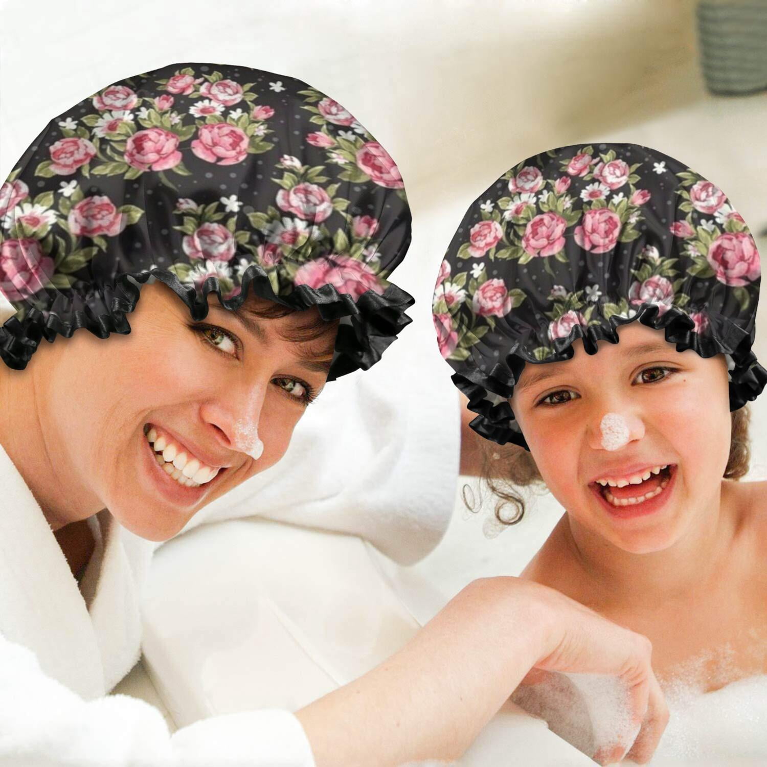 Shower Caps,Pioneer Flower Floral Print Pattern Waterproof Shower Cap for Women 4 Pieces,Double Reusable Hair Cover for Shower PEVA Elastic Stretch Hem