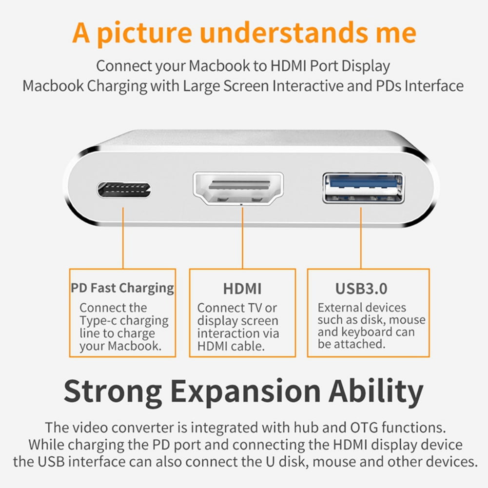 YiLBX USB C to HDMI Multiport Adapter, USB 3.1 Gen 1 Thumderbolt 3 to HDMI 4K Video Converter/USB 3.0 Hub Port PD Quick Charging Port