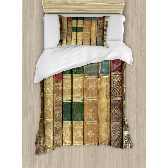 Books Duvet Cover Set Twin Size, Macro Photo of Grunge Antique Novels Ancient Historical Published Elements Print, 2 Piece Bedding Set with 1 Pillow Sham, Multicolor, by Ambesonne