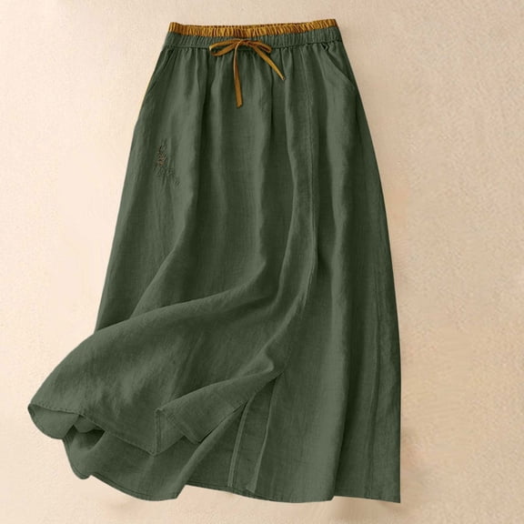 PBFRDSJ Women's Skirts High Waisted Drawstring Vintage Embroidered Midi Skirt Flowy Breathable Cotton and Linen Midi Skirt with Side Split