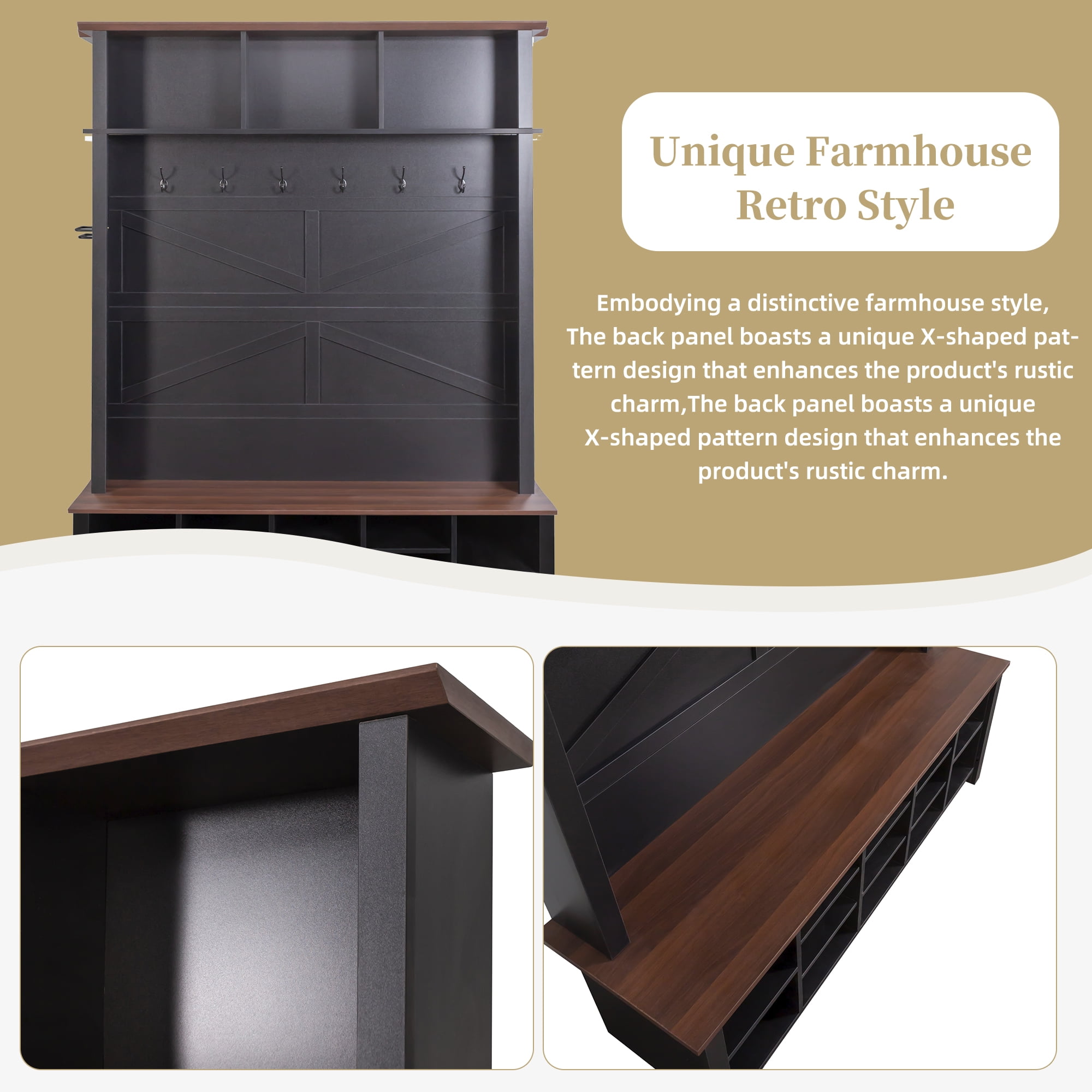 Euroco Farmhouse Hall Tree with 6 Hooks,Adjustable Shelves and 16 Open Compartments