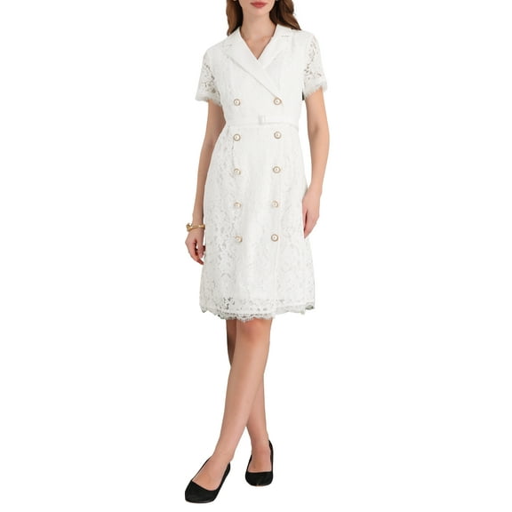 INSPIRE CHIC Women's Short Sleeve Lace Dress Lapel Collar Double Breasted Wedding Cocktail Belted A-Line Dresses S White