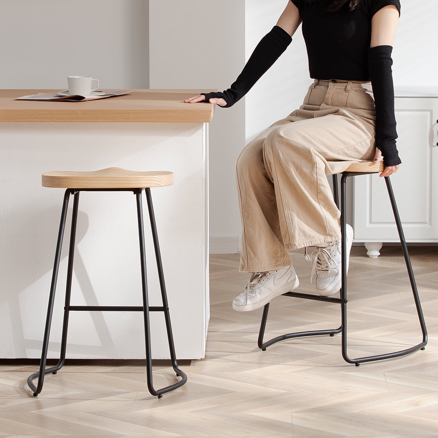 FIRAVOE Counter Height Bar Stools (Saddle Seat Backless) Barstools Set of 4, 26" Rustic Wooden Counter Stools Kitchen Stools