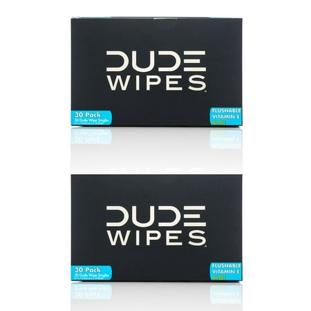 DUDE Wipes Flushable Wipes, Unscented with Vitamin-E & Aloe, 100% Biodegradable, Singles for Travel (2 Packs of 30 Individually Wrapped Wipes)