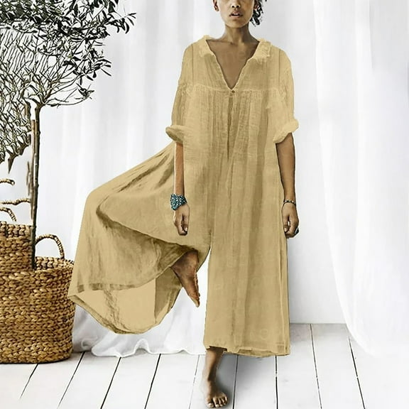 AOOCHASLIY 2023 Women's Pants Women Casual Solid Turn-down Collar Cotton Linen Romper Long Playsuit Zipper Jumpsuit