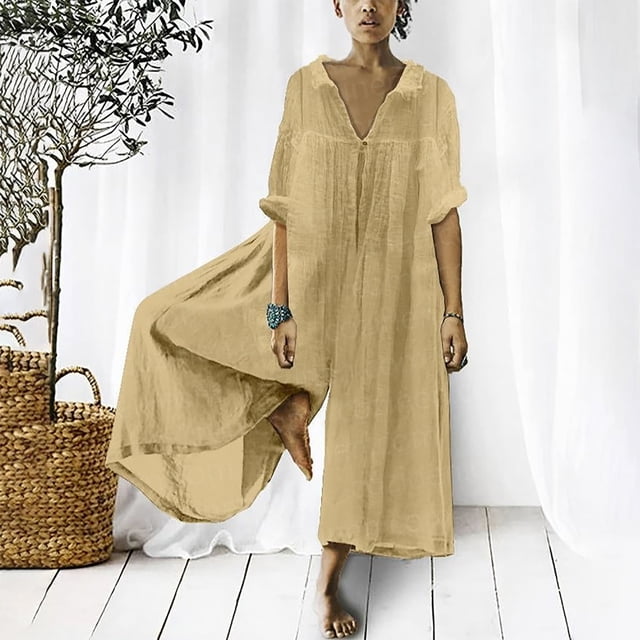Jienlioq Pantalons Cargo Femmes Combinaison Décontractée Unie Col Rabattu Coton Lin Longue Combinaison à Fermeture Éclair