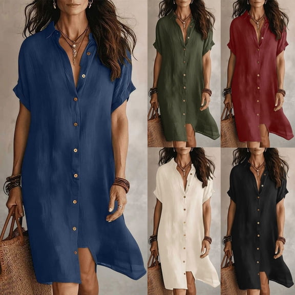 Noric Women's Short Sleeve Shirt Dresses Casual Solid Color Button Down Midi Dresses for Summer Daily Vacation