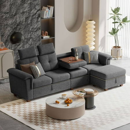 Convertible Sectional Sofa with Storage, 4 Seat L Shaped Couch with Chaise and Cup Holder, Modern Microfiber Fabric Sofas Couches for Living Room, Dark Grey