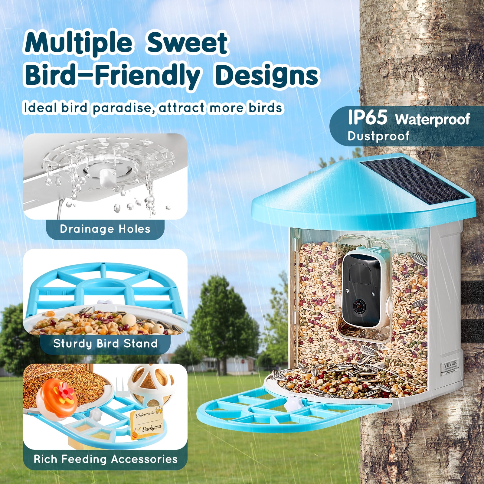VEVOR Smart Bird Feeder with Camera, 2K HD AI Identify 10000+ Bird Species, Solar-Powered Bird Watching Camera with Auto Capture & Instant Notify, Wireless Outdoor Gift (2 Solar Panels)