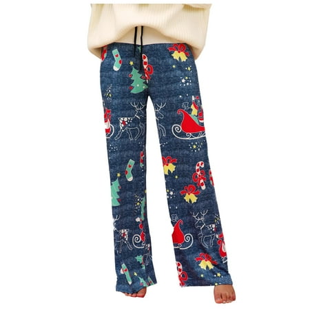 

Wide Leg Pants for Women Christmas Print Elastic Waist Drawstring Lounge Trousers Casual Baggy Pajama Pants Sleepwear