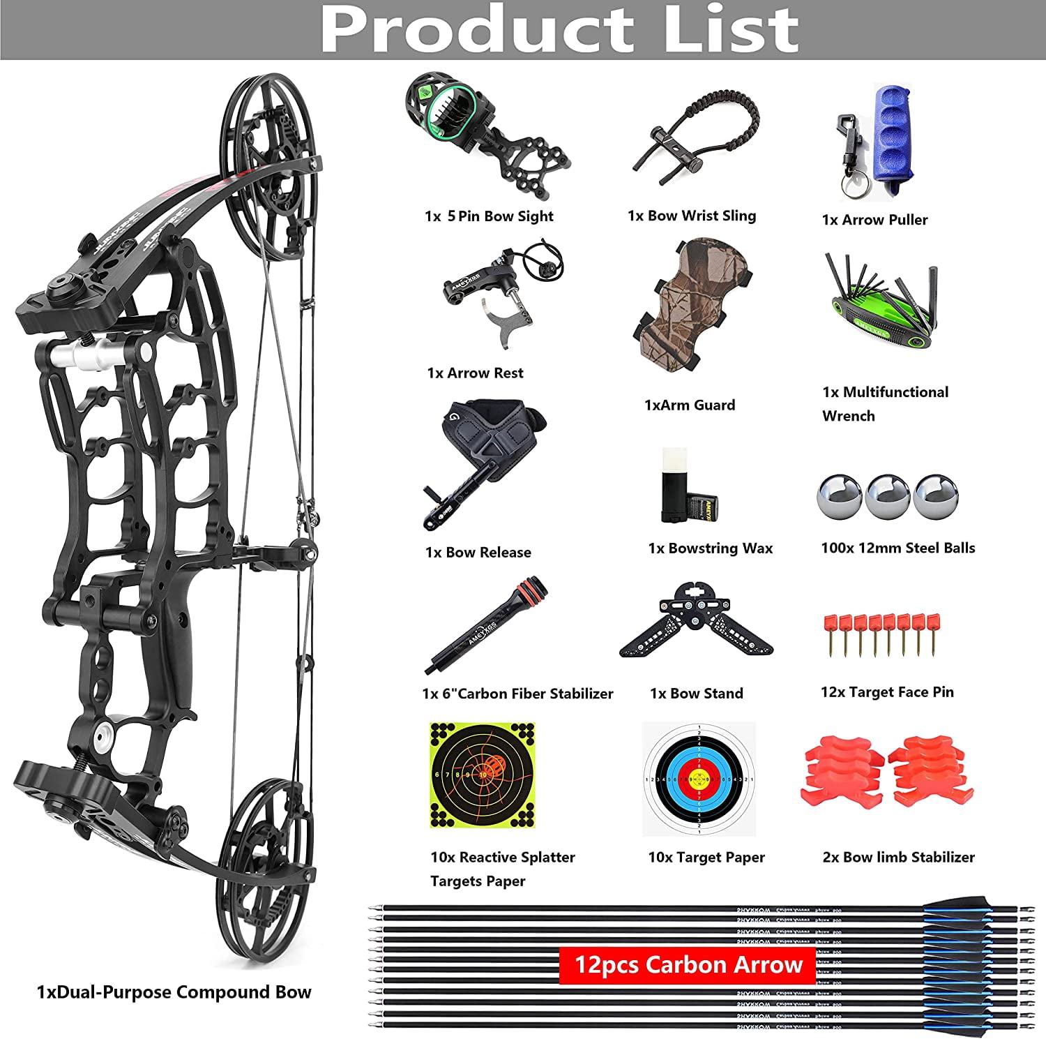 Steel Ball Compound Bow Kit Dual Purpose Short-Axis Bow Archery Hunting Target Practice Target Shooting for Adults Youth 40-65lb Left/Right Handed Archer
