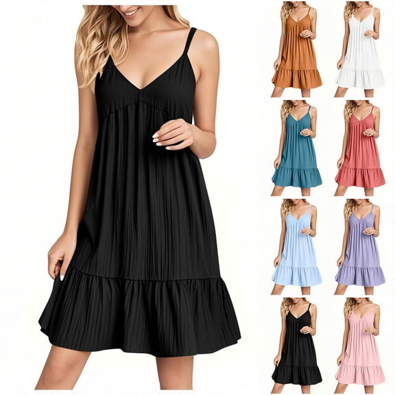 Vetsdori Womens Black Summer Mini Dresses, Pleated Plain Slip Dress, Sleeveless Mujer Casual Sundress Tank Dress for Womens