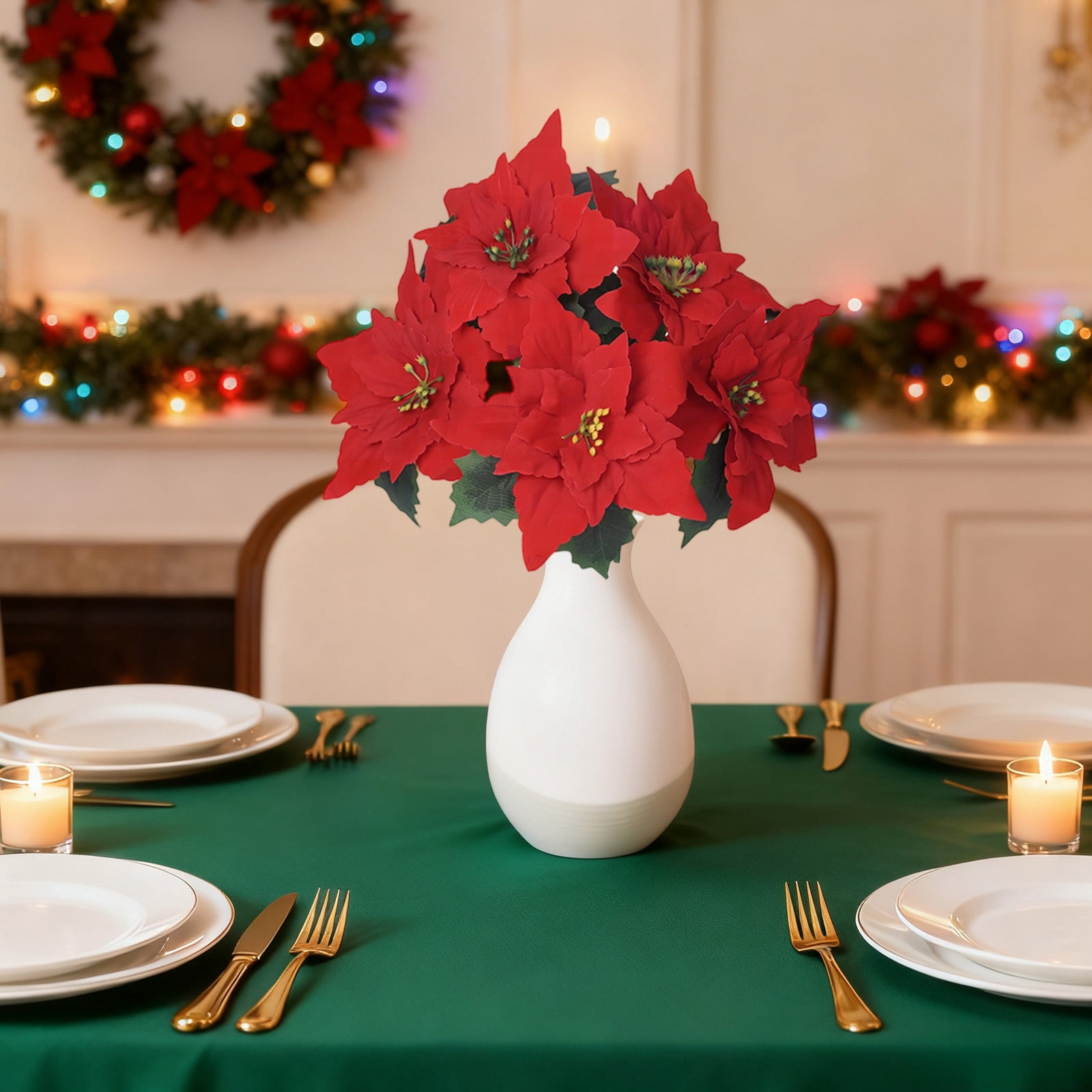 Tahtuvzn Christmas Decorations Home Decor Count 5pcs Decoration Holiday Products Flannel 5-fork Bouquet Simulation Flower Poinsettia Ornament, Gifts for Sisters, Red