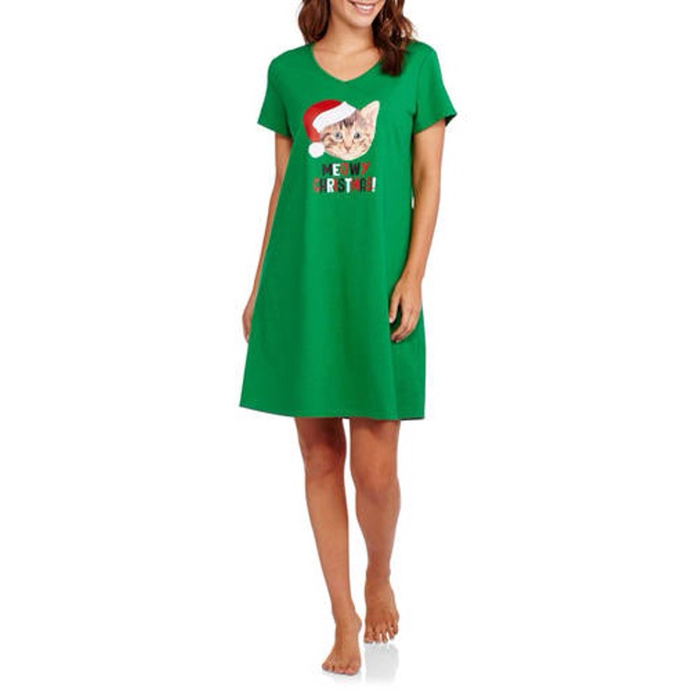 Secret Treasures Womens Green Cat Holiday Sleep Shirt Nightgown