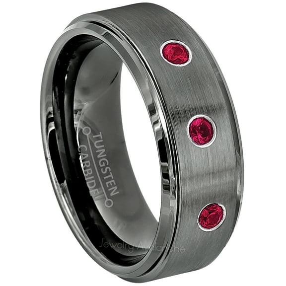 Brushed Gunmetal Tungsten Ring - 0.21ctw Ruby 3-stone Band - Personalized Tungsten Wedding Ring - Custom Made July Birthstone Ring TN616BS