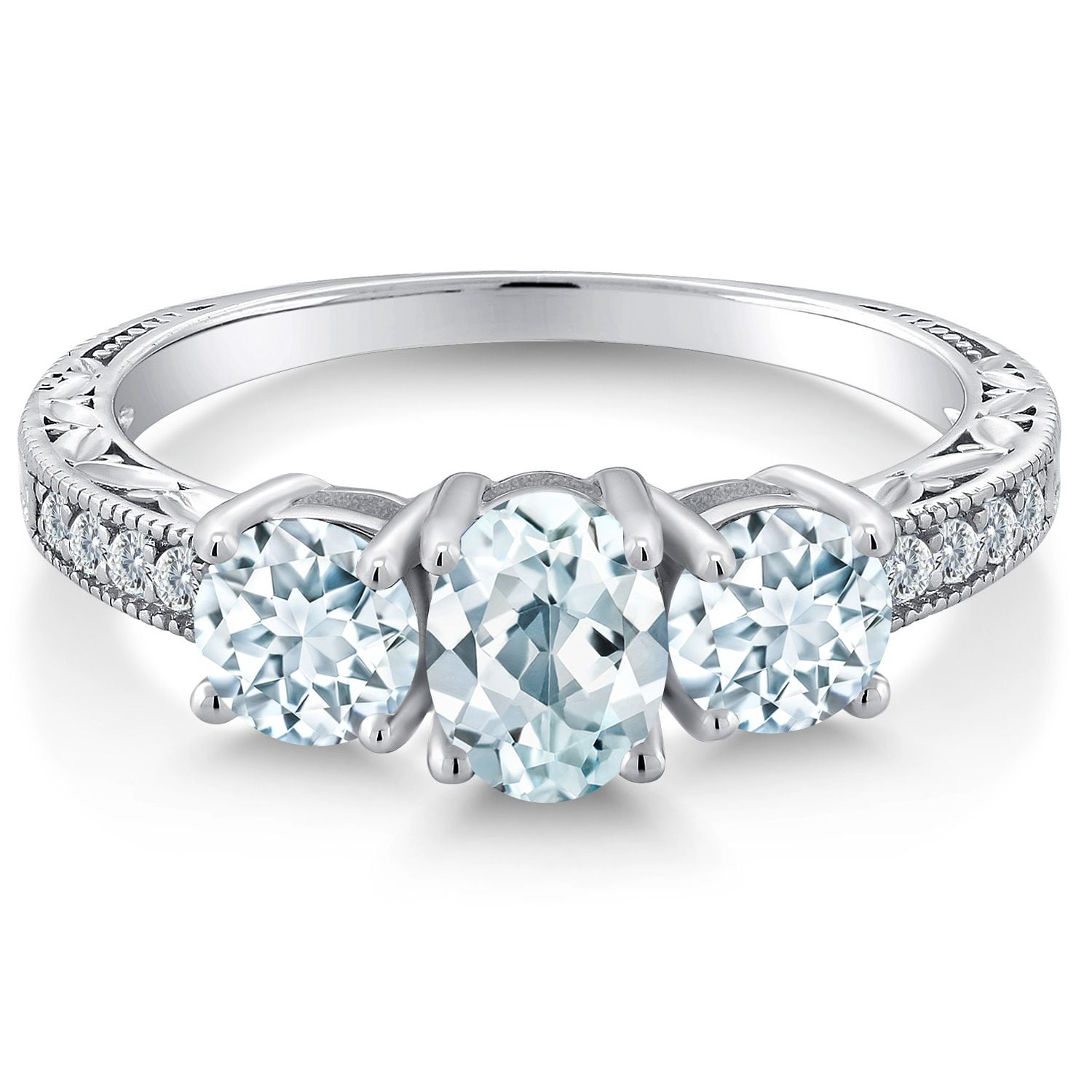 Gem Stone King 1.87 Cttw Sky Blue Aquamarine 3-Stone Engagement Ring for Women | 925 Sterling Silver | Oval 7X5MM and Round 5MM | Three Stone Wedding Anniversary Promise Ring | Size 9