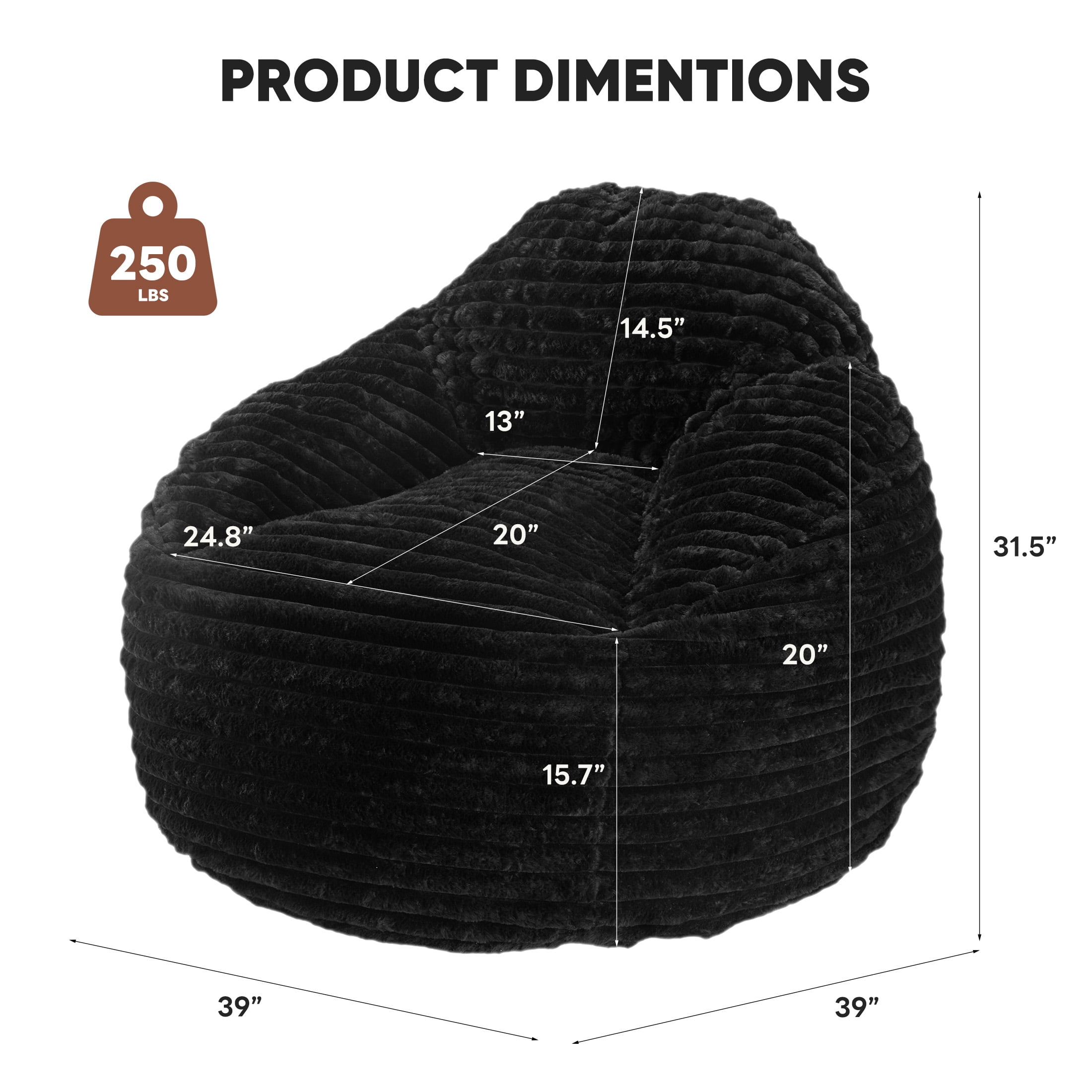 edx Bean Bag Chair Lounger Chair, Cozy Beanbag Sofa with Removable Fabric Cover for Living Room Bedroom College Dorm, 3.2 ft Black