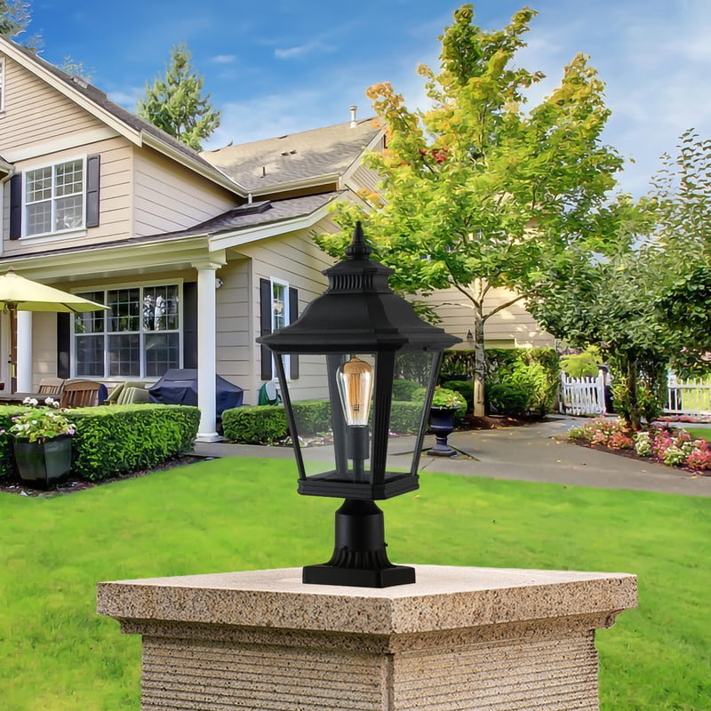 21" Outdoor Post Lantern Light, 1-Pack Vintage Black Metal Garden Pillar Lamp with Clear Glass for Driveway, Gate, Pathway, and Yard Lighting, Elegant Exterior Design (Bulb Not Included)