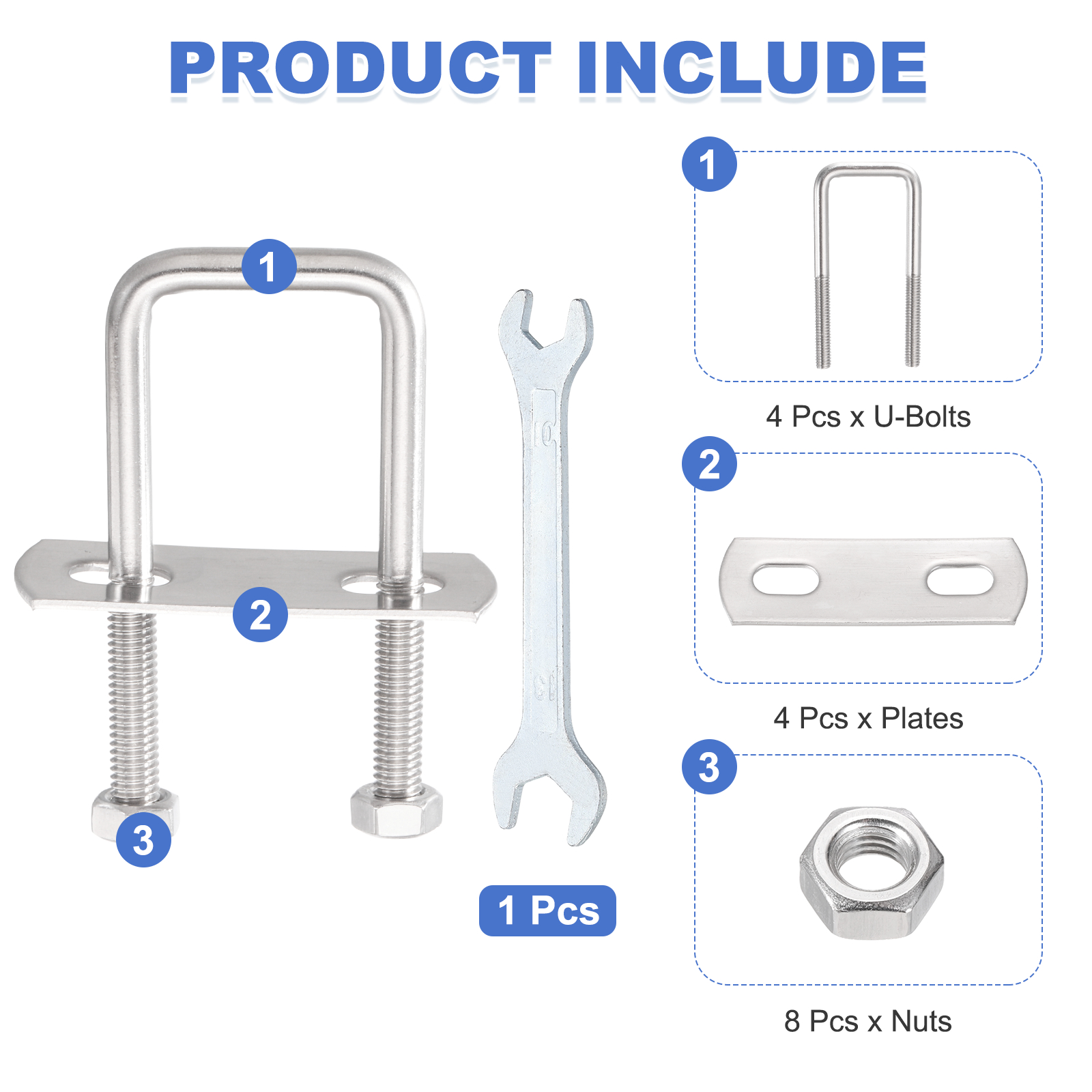 Uxcell 4 Sets M8 Square U-Bolts, 1.02" Inner Width 2.95" Length 304 Stainless Steel U Clamp Bolts with Nuts, Plates and Wrench