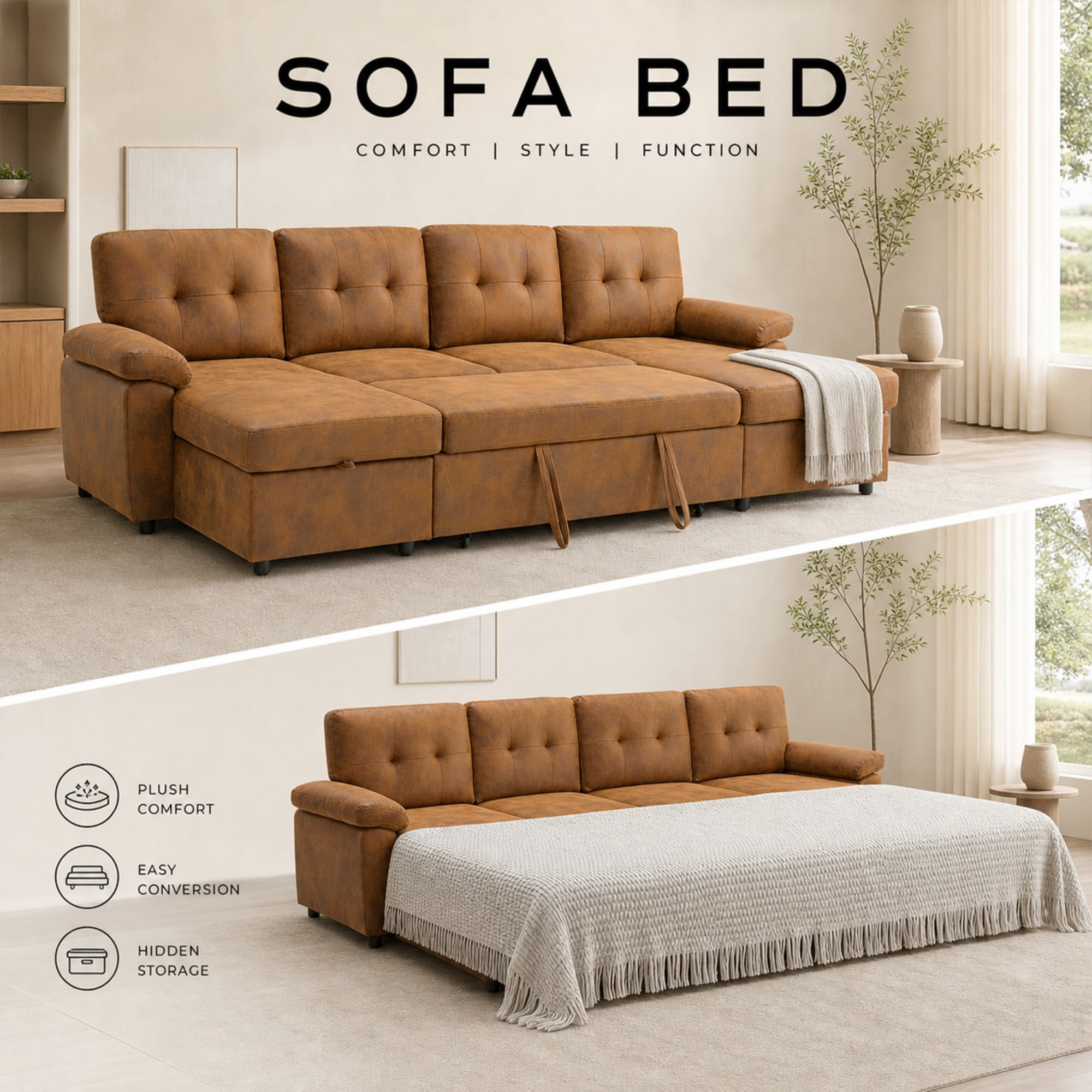 BSHTI 112" Polyester Fabric U-Shaped Sectional Sleeper Sofa Bed with Pull-Out Bed,Tufted Back Cushions and Storage Chaise for Living Room(Light Brown)