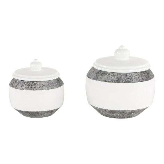 Decmode Round Textured Matte Gray & Glossy White Ceramic Jars with Lids, Set of 2: 7” x 7.5”, 6” x 6”