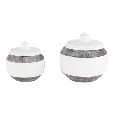 Decmode Round Textured Matte Gray & Glossy White Ceramic Jars with Lids Set of 2: 7" x 7.5" 6" x 6"