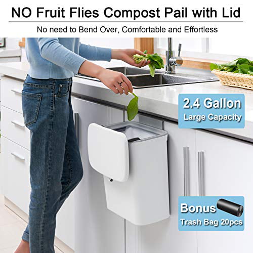 Hanging Small Trash Can with Lid for Cupboard/Bathroom/Bedroom/Office/Camping Gray Mujingxin 2.4 Gallon Kitchen Compost Bin for Counter Top or Under Sink Mountable Indoor Compost Bucket 
