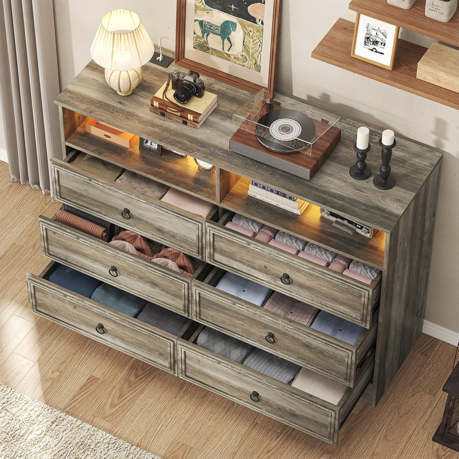 VVFLU Vintage 6 Dresser for Bedroom, Farmhouse 6 Drawers Dresser with Open Shelfs and LED Lights, 47.3" Wide Wood Rustic Chest of Drawers for Living Room, Hallway, Gray