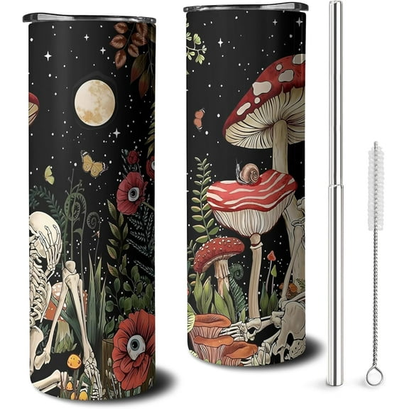 Mushroom Skinny Tumbler With Straw and Lid, Stainless Steel 20oz Insulated Coffee Travel Mug, Skeleton Mushroom Cups for Goth Mushroom Lovers Gifts for Women and Girls
