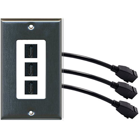 RiteAV (1 Gang Decorative 3 HDMI Black Wall Plate w/Pigtail Extension Cable Stainless Steel on White