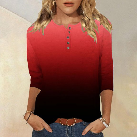 tarylea Womens Tops 3/4 Sleeve Crew Neck Gradient Color Blocked T-Shirts Casual Loose Fall Basic Dailywear Blouse