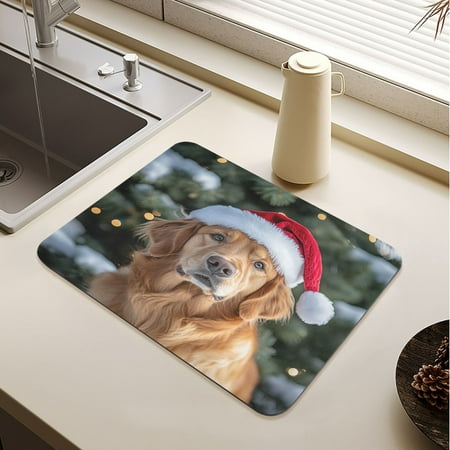 

Dog Wearing A Santa Hat Drying Mat Diatomaceous Earth Super Absorbent Non-slip Rubber Sole Heat Resistant 230 Degrees Fahrenheit 19.7×15.7in