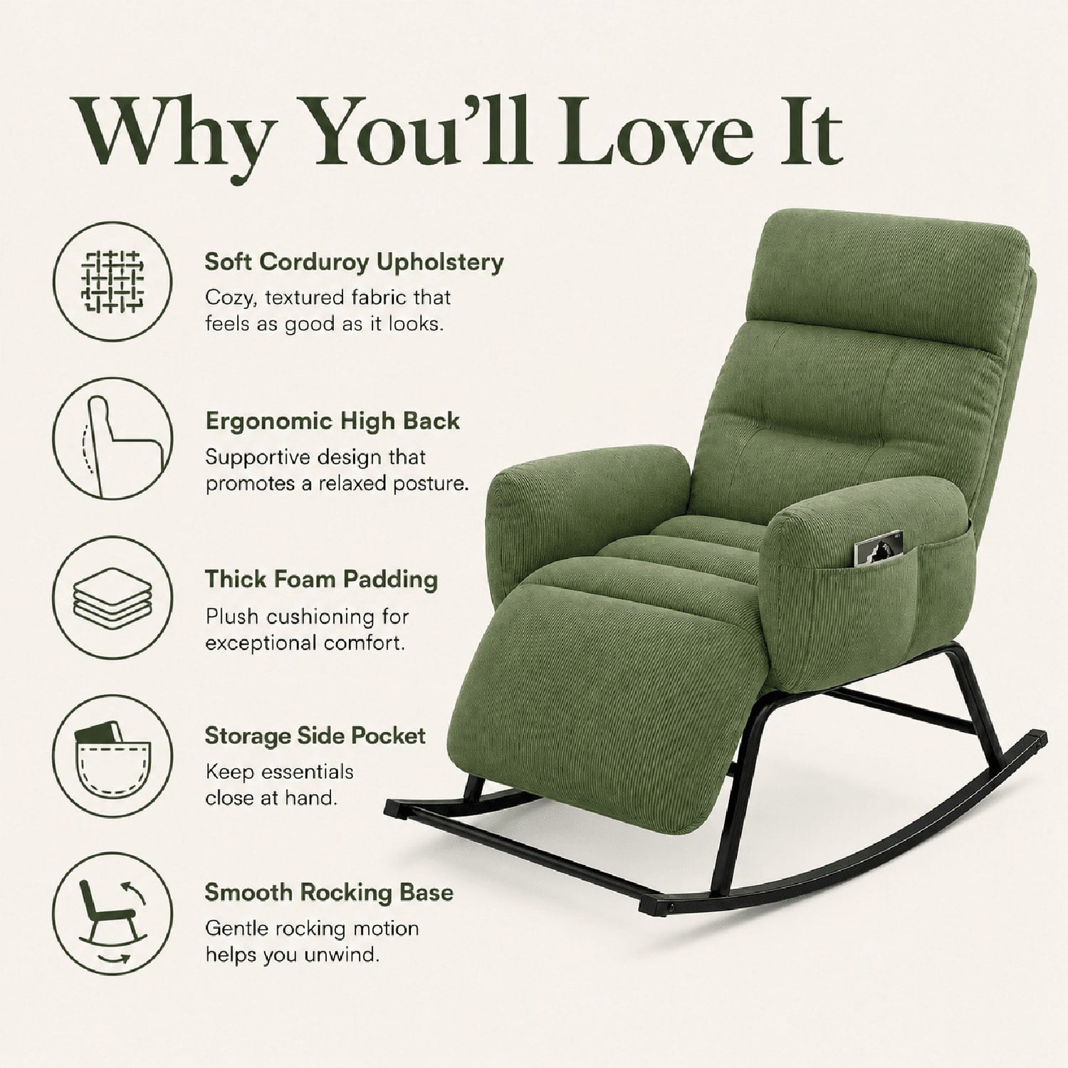 Modern Rocking Chair with Retractable Footrest, Upholstered Lounge Chair with Side Pocket, Plush Fabric, for Living Room Bedroom