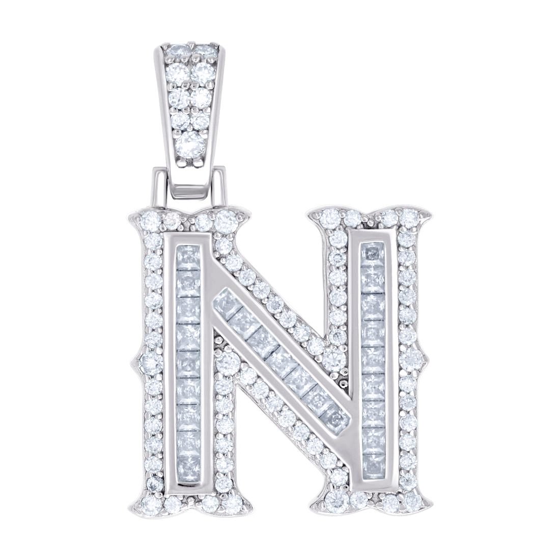 925 Sterling Silver Unisex Baguette Round Moissanite 0.59ct Letter Name Personalized Monogram Initial Alphabet N Charm P