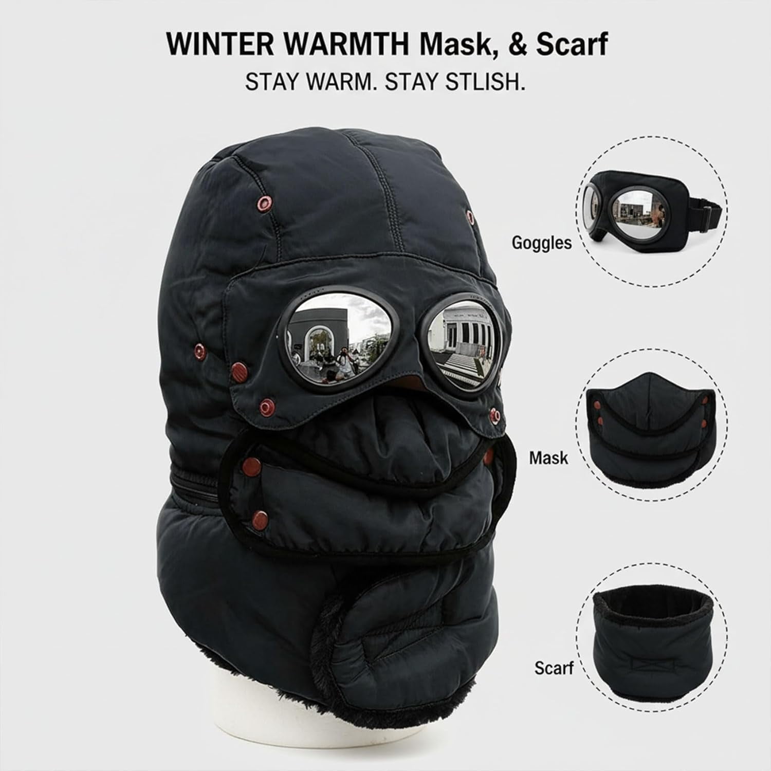 4 in 1 Winter Windproof Thermal Hat - Detachable Mask & Neckband, Glasses-Compatible for Hiking/Camping