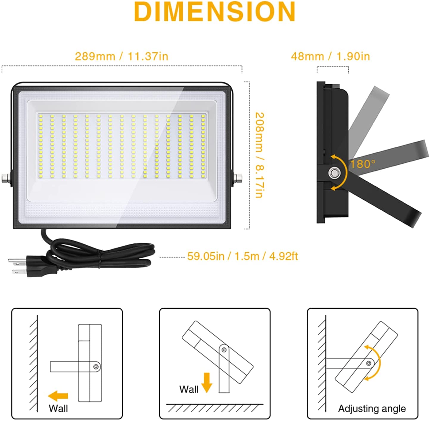 Pack 100W LED Flood Light with Plug 700W Equiv 8900Lm Super Bright LED  Work Light IP66 Waterproof Security Lights 6500K Daylight White Floodlight  for Yard Garden Patio Playground