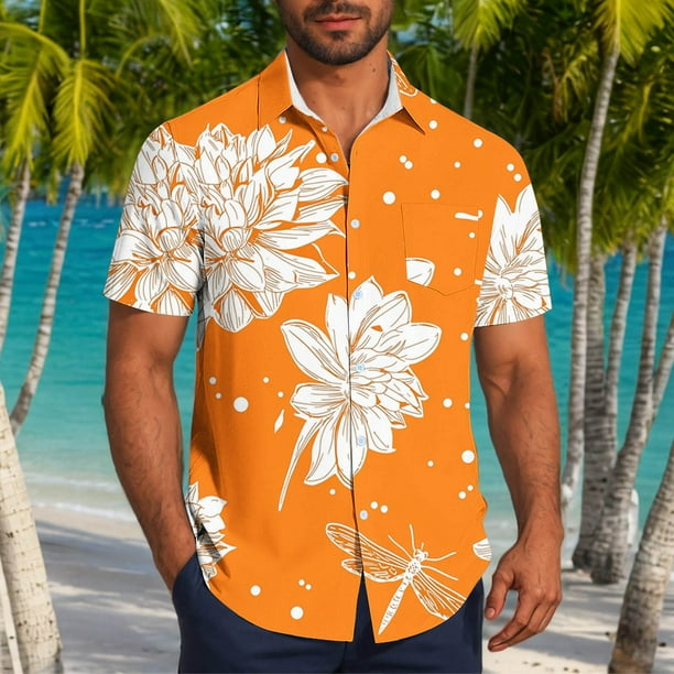Blusa y camisa de manga corta con cuello vuelto para hombre, informal, a la moda, con estampado de bolsillo y botones, de poliéster.
