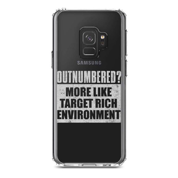 DistinctInk Clear Shockproof Hybrid Case for Samsung Galaxy S9 (5.8" Screen) - TPU Bumper Acrylic Back Tempered Glass Screen Protector - Outnumbered? Target Rich Environment