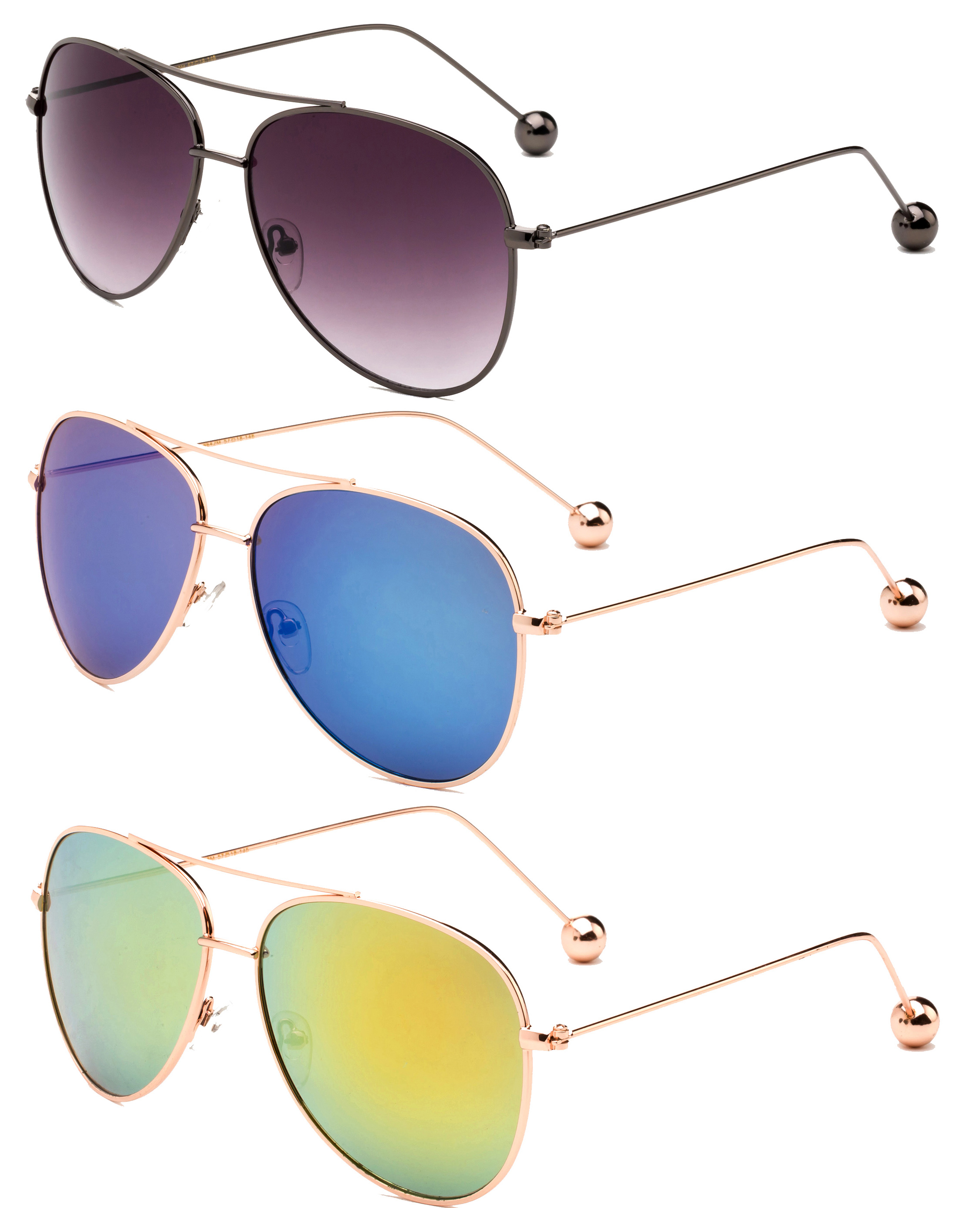 3 Pack Aviator Metal Frame Metal Ball Tip Fashion Sunglasses for Women for Men, Black Smoke, Gunmetal, Orange & Blue - image 2 of 2