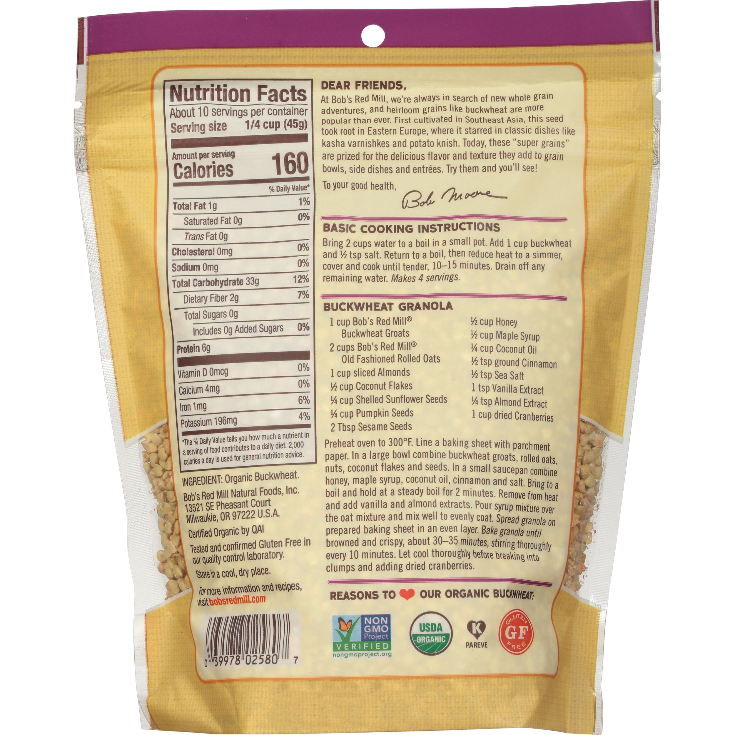 Bob's Red Mill Organic Whole Grain Buckwheat, 16 oz