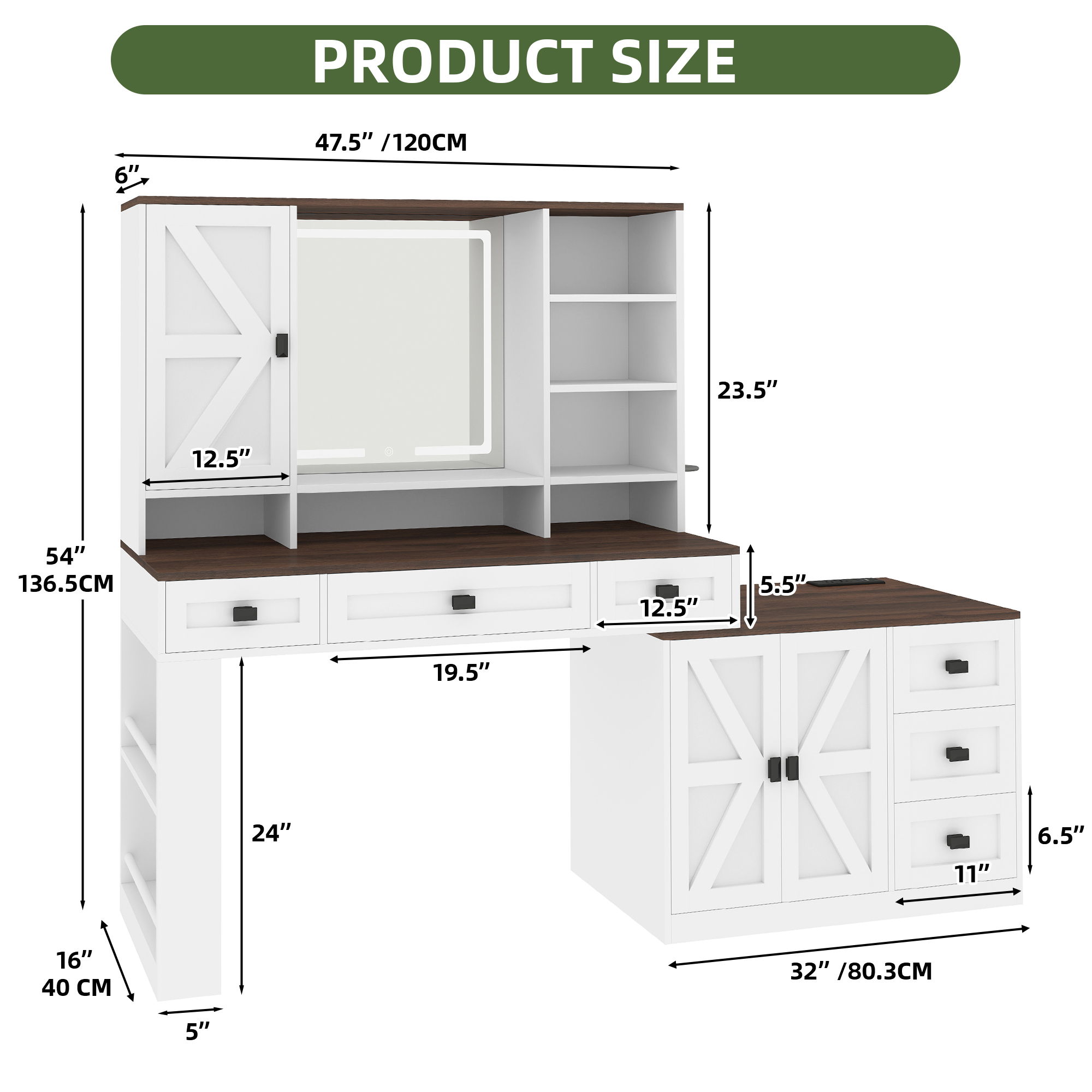 Uforic 360° Rotation Large White Makeup Vanity Desk with LED Mirror, Farmhouse Dressing Table with 6 Drawers Storage - Bedroom Furniture
